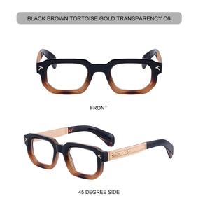 Detail of square tortoiseshell sunglasses with gold metal temples and T-shape logo