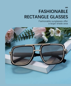 Detail of premium rectangle polarized sunglasses with gold metal double bridge design
