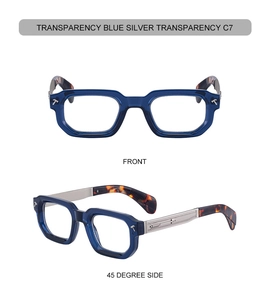 Detail of transparent blue square frame with silver T-shape metal accents and arrow engraving