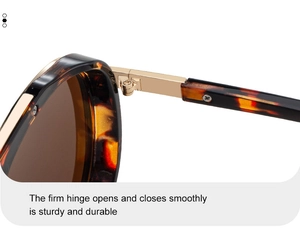 Detail of tortoise shell frame sunglasses with gold reinforced metal hinges and screws