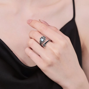 Vintage bohemian adjustable open ring with vine patterns and moonstone gemstone