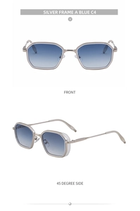 Close-up of silver square sunglasses with blue gradient lenses from front and side views