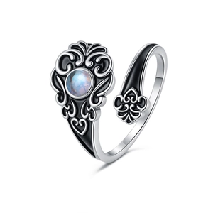 Vintage silver open ring with moonstone opal inlay and black enamel bohemian scroll patterns