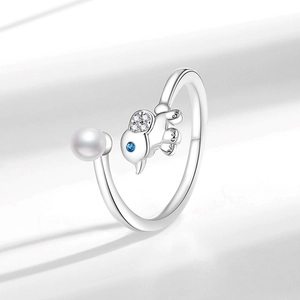 Bague oiseau en argent avec pierre bleue et perle blanche, anneau ajustable