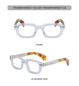 Macro detail of transparent geometric square frames with silver embossed metal temples
