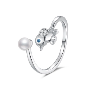 Bague ajustable en argent avec motif d'oiseau, œil en pierre bleue et perle élégante