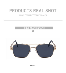 Square double bridge sunglasses with gold metal frame and dark grey lenses, front view