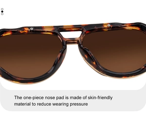 Detail of skin-friendly one-piece nose pad on tortoiseshell aviator sunglasses