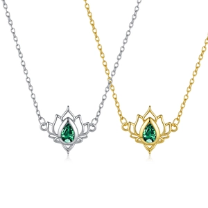 Hollow Lotus Pendant Necklace Copper Plated With Teardrop Green Zircon For Women Vintage Elegant Jewelry