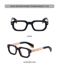Detail of square dark brown transparent frame with gold arrow metal temple design