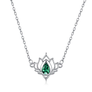 Silver lotus necklace with pear-cut green gemstone pendant on a white background