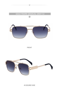 Front and side view of gold double bridge square sunglasses with gradient gray lenses