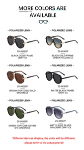 Detailed catalog showing six polarized aviator sunglasses with various frame color options