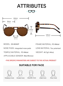 Detailed technical diagram of polarized aviator sunglasses showing dimensions and fit guide