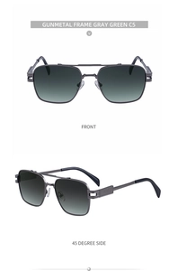 Dual-view display of square gunmetal double bridge sunglasses with gray green lenses