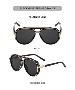Front and side view of black gold pilot polarized sunglasses with gray lenses