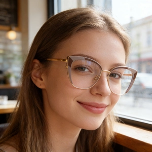 Close-up of golden cat-eye glasses frame on model with professional natural lighting