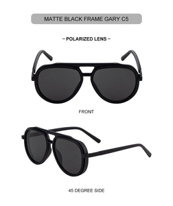 Front and 45-degree side views of matte black aviator sunglasses with polarized gray lenses