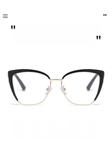 Detail showing cat-eye glasses frame with black and gold anti-blue light lenses