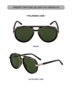 Detail view of double bridge pilot sunglasses in green tortoise with silver hardware