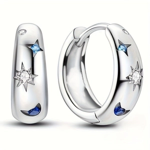 Boucles D'Oreilles Créoles Étoile Lune Avec Zircon Bleu Blanc Cuivre Plaqué Or Argent Et Tige En Argent Pour Femmes