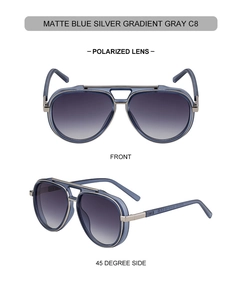 Detailed front and side views of matte blue pilot sunglasses with polarized gray lenses