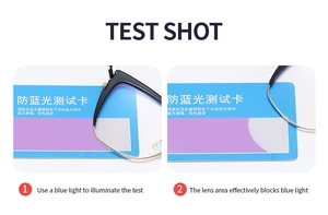 Blue light blocking test showing clear lens protection effectiveness on black gold frame