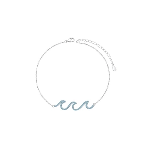 Silver wave bracelet with blue zircons featuring three ocean-inspired curved links