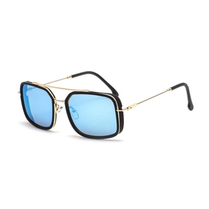 Fashionable square frame sunglasses with black and gold metal frames and blue lenses