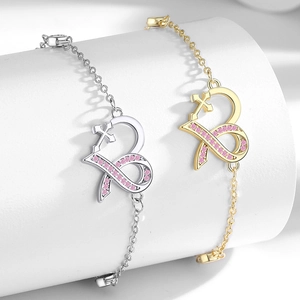 Heart Bracelet With Copper Pink Zircon Ribbon Cross Infinite Love Adjustable For Women Fashion Gift