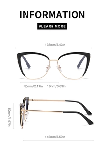 Detailed size specifications for cat-eye eyeglasses frame with black and gold finish
