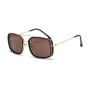 Classic square sunglasses for men with brown lenses and gold double-bridge metal frame