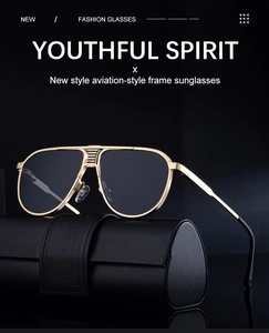 Classic gold frame aviator sunglasses for men with dark lenses and black leather storage case
