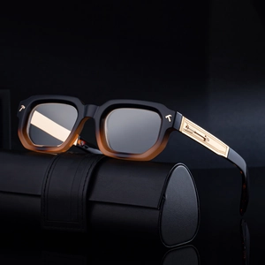 Men's square gradient sunglasses with gold engraved metal temples and leather case
