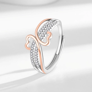 Dual Tone Heart Ring Copper With Cubic Zirconia Inlay Adjustable Open Design Fashion Jewelry For Women Gift