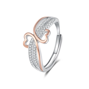 Two-tone heart ring with sparkling cubic zirconia and adjustable open band design