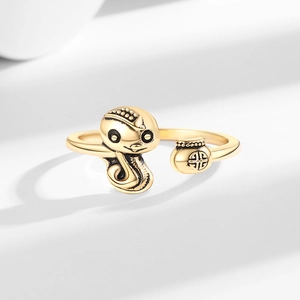 Retro snake and lucky bag open ring in gold-plated finish for women jewelry