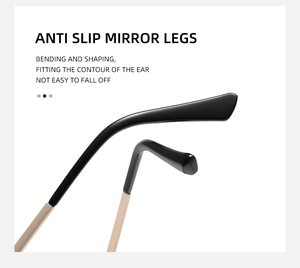 Detailed close-up of golden metal glasses arms with anti-slip black temple tips