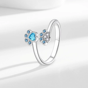 Adjustable S925 sterling silver ring featuring blue heart zircon and pet paw print design