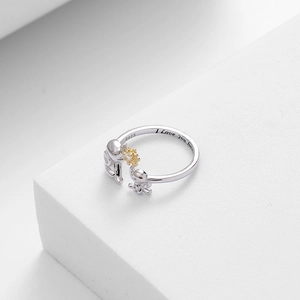 S925 silver elephant mother and child open ring with gold star and forever engraving