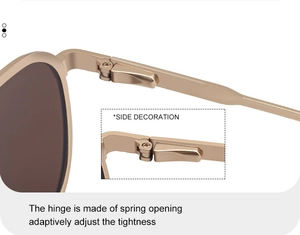 Detail of premium spring hinge on gold pilot sunglasses with macro zoom showing durability