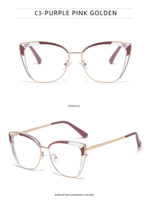 Front and side views of cat eye glasses frames in purple pink and golden metal finish