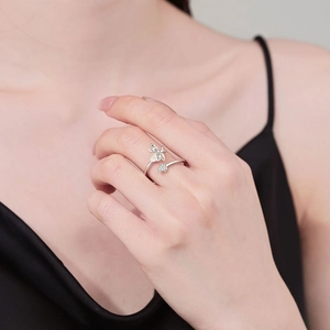 Adjustable moonstone firefly open ring with bee design and zircon stone in silver finish