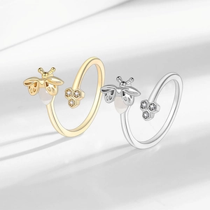 Adjustable firefly and honeycomb open ring set with moonstone and cubic zirconia