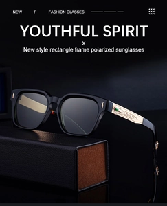 Detail of square polarized sunglasses featuring gold embossed temples with green accents