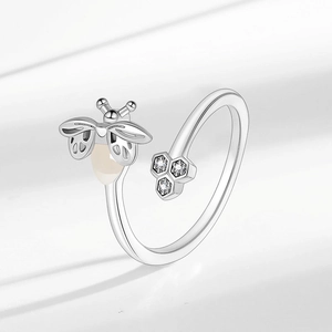 Adjustable moonstone firefly ring with honeycomb design in polished silver finish