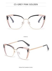 Detail view of cat eye glasses frame in grey pink golden showing front and side angles