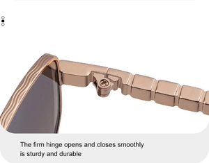 Macro detail of sturdy metal hinge and wave texture on polygon sunglasses