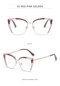 Front and side views of gold metal cat-eye glasses frames with red-pink accents