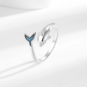 Adjustable silver dolphin tail open ring with deep blue gradient enamel finish